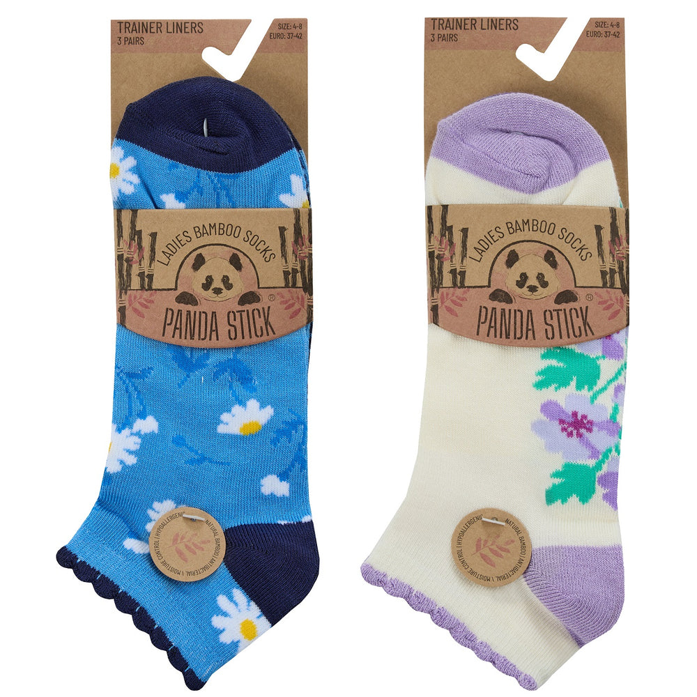 Ladies Women Bamboo Trainer Socks Floral Flower Design Print (3 Pair)