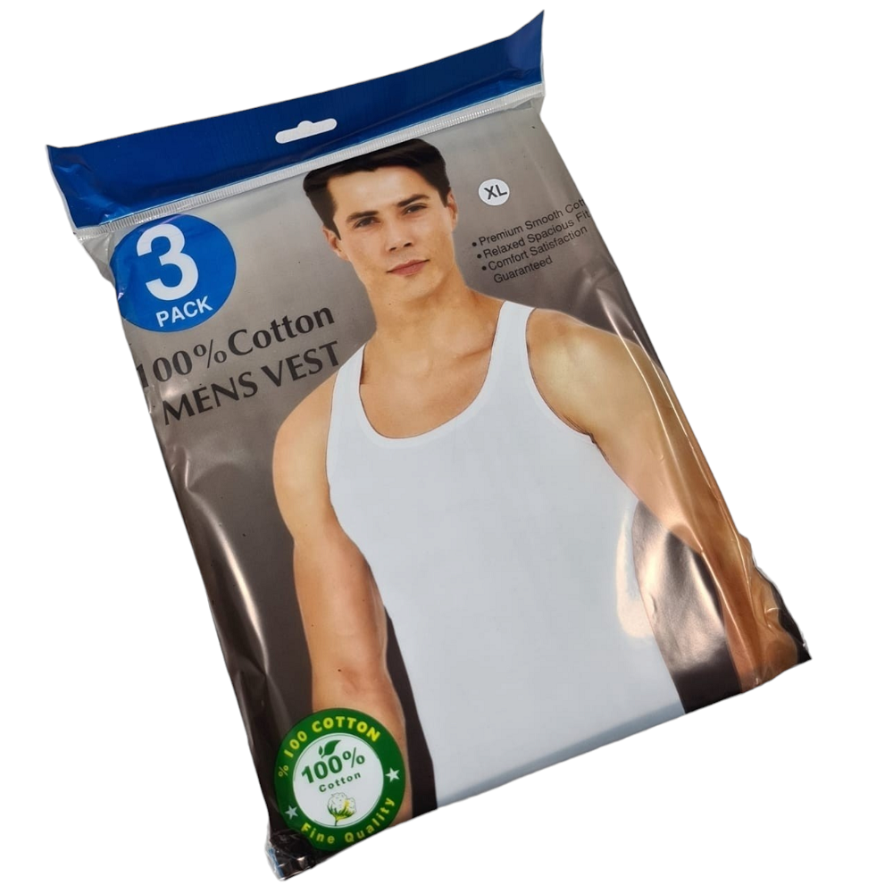 Mens 100% Cotton Single Jersey Vest (3 Pack)