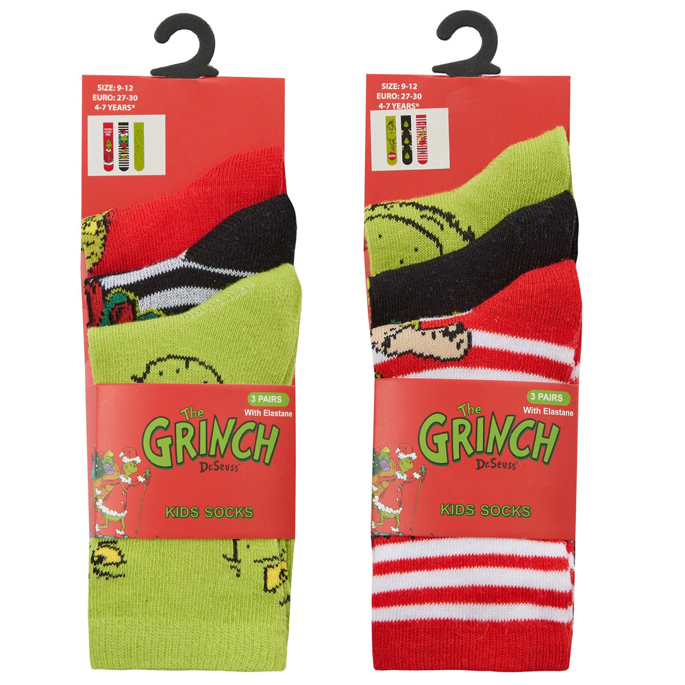Kids Grinch Design Christmas Xmas Socks (3 Pair)