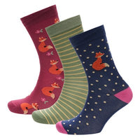 Ladies Women Bamboo Design Fox Pattern Socks (3 Pair)
