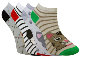 Ladies Women Cat Design Trainer Socks (3 Pair)