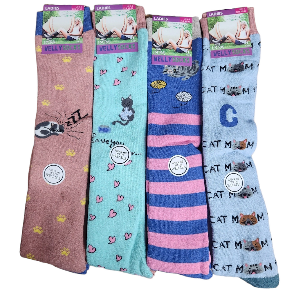 Ladies Women Welly Socks (Cat Design)