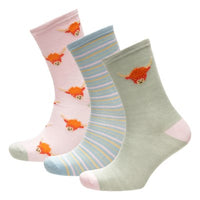 Ladies Women Cotton Rich Design Highland Cow Pattern Socks (3 Pair)
