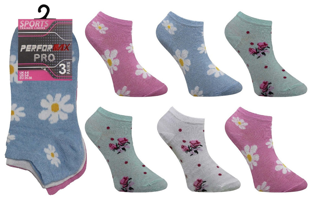 Ladies Women Floral Design Trainer Socks (3 Pair)