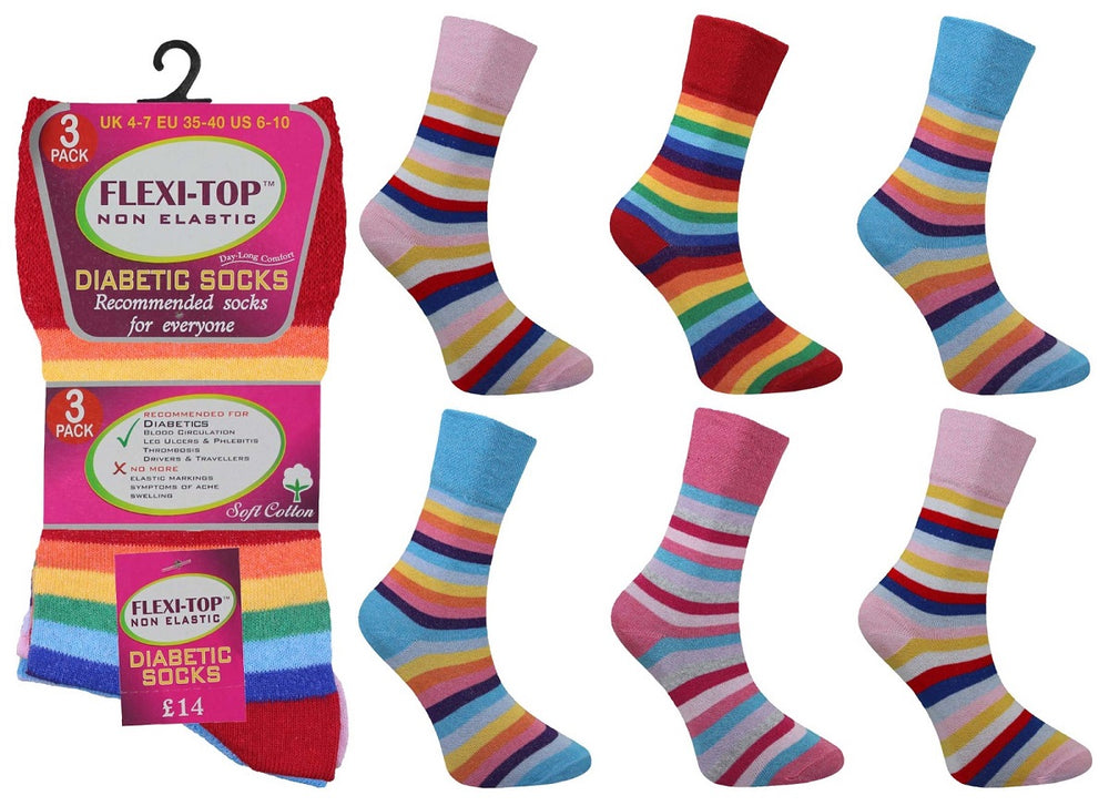 Ladies Women Comfort Top Non Elastic Colourful Stripe Design Socks (3 Pair)