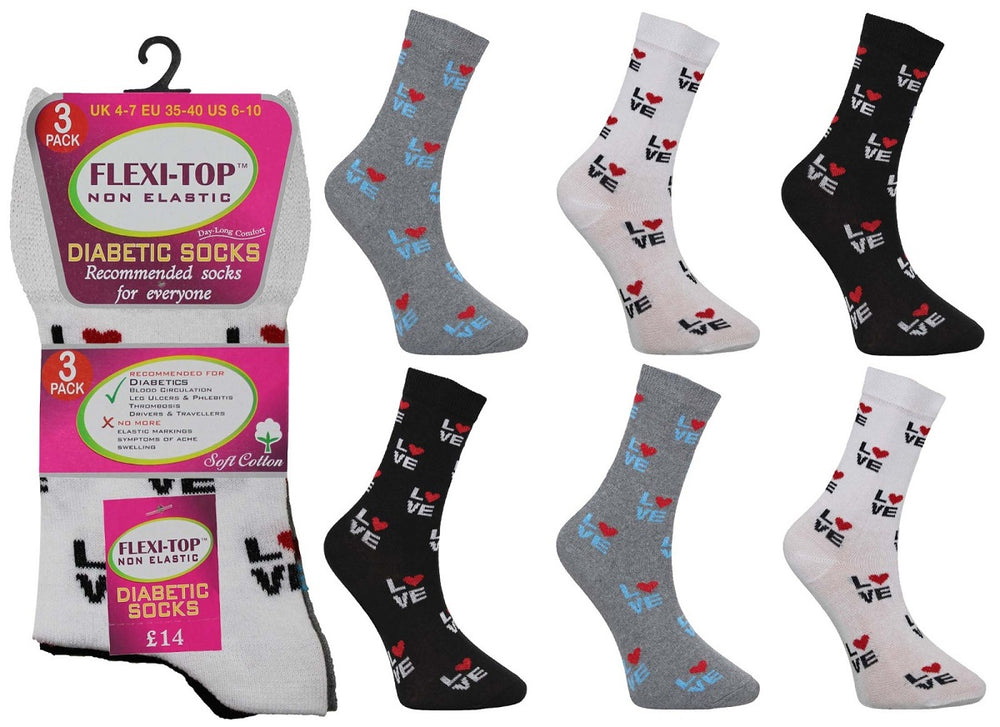 Ladies Women Comfort Top Non Elastic Love Design Socks (3 Pair)