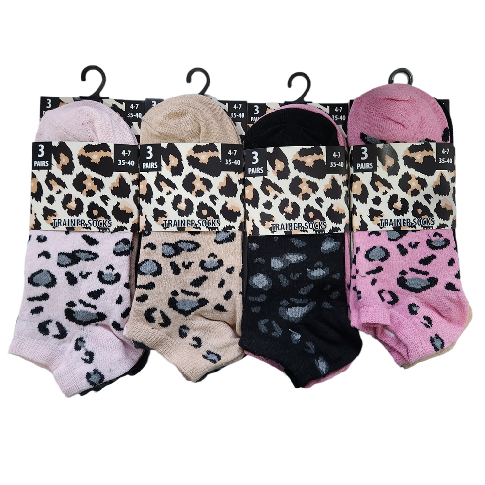 Ladies Women Leopard Pattern Trainer Socks (3 Pair)