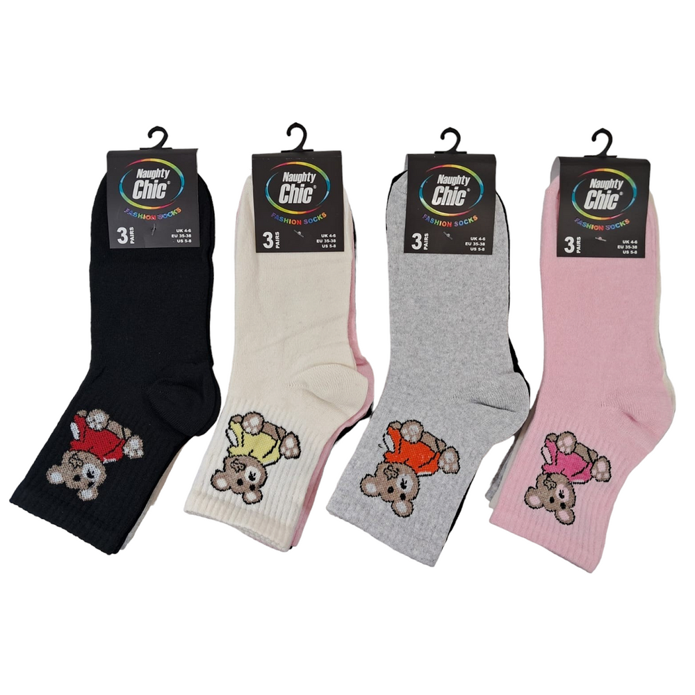 Ladies Women Low Cut Cropped Quarter Calf Length Trainer Socks TEDDY BEAR Design (3 Pair)