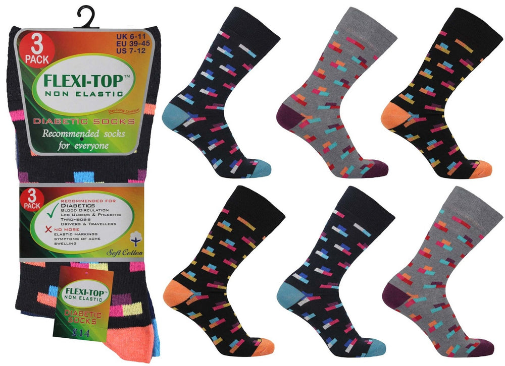 Mens Flexi Top Non Elastic Mix Design Socks (3 Pair)