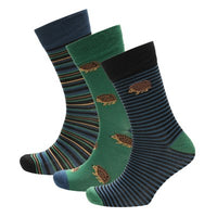Mens Bamboo Design Hedgehog Pattern Socks (3 Pair)
