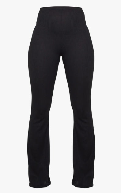 Ladies Women Black Ribbed Flared Trousers