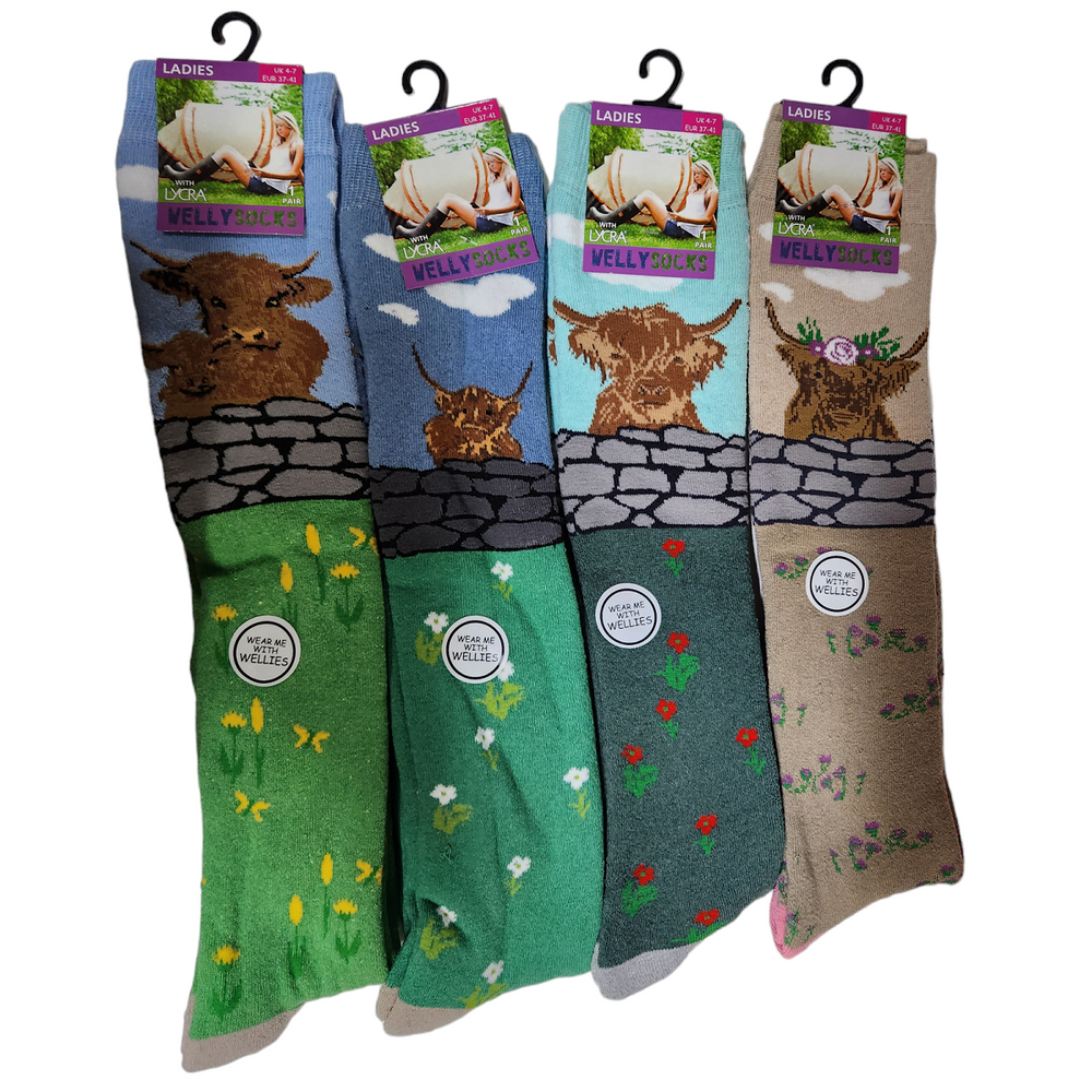 Ladies Women Welly Socks (Highland Cow Design)