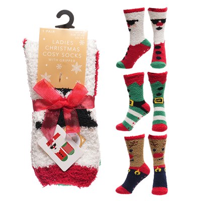 Ladies Christmas Xmas Thermal Cosy Slipper Socks with Grip (1 Pair)