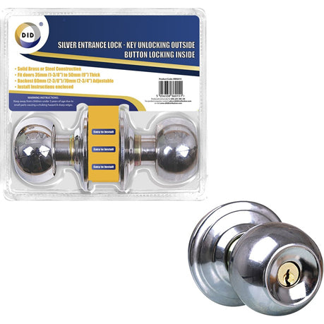 Silver Entrance Lock - Key Unlocking Outside Button Locking Inside