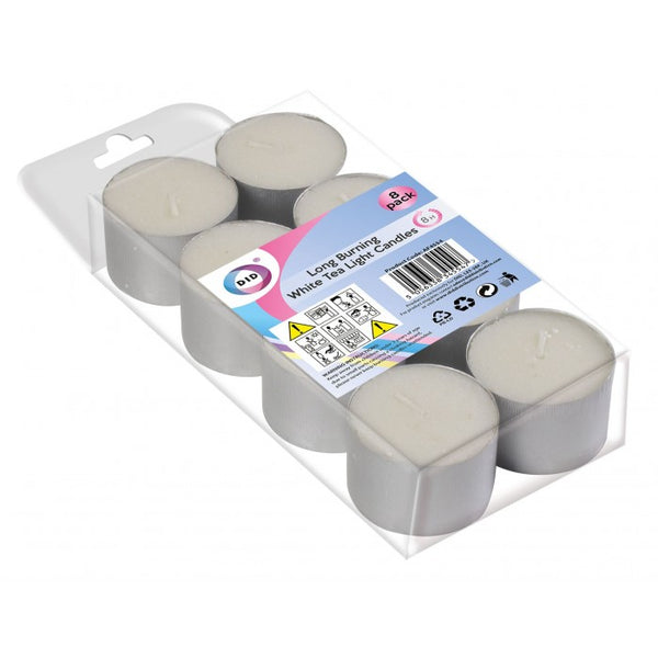 Buy wholesale 8 long burning white tea light candles Supplier UK