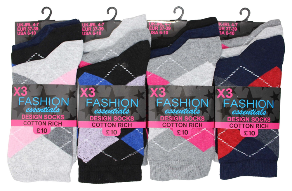 Ladies Women Argyle Design Pattern Socks (3 Pair)