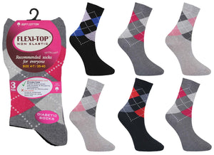 Ladies Women Flexi Top Non Elastic Argyle Design Socks (3 Pair)
