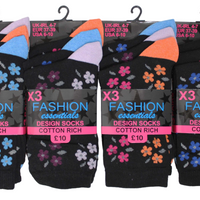 Ladies Women Floral Flower Design Pattern Socks (3 Pair)