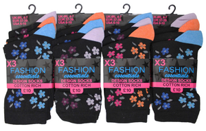 Ladies Women Floral Flower Design Pattern Socks (3 Pair)