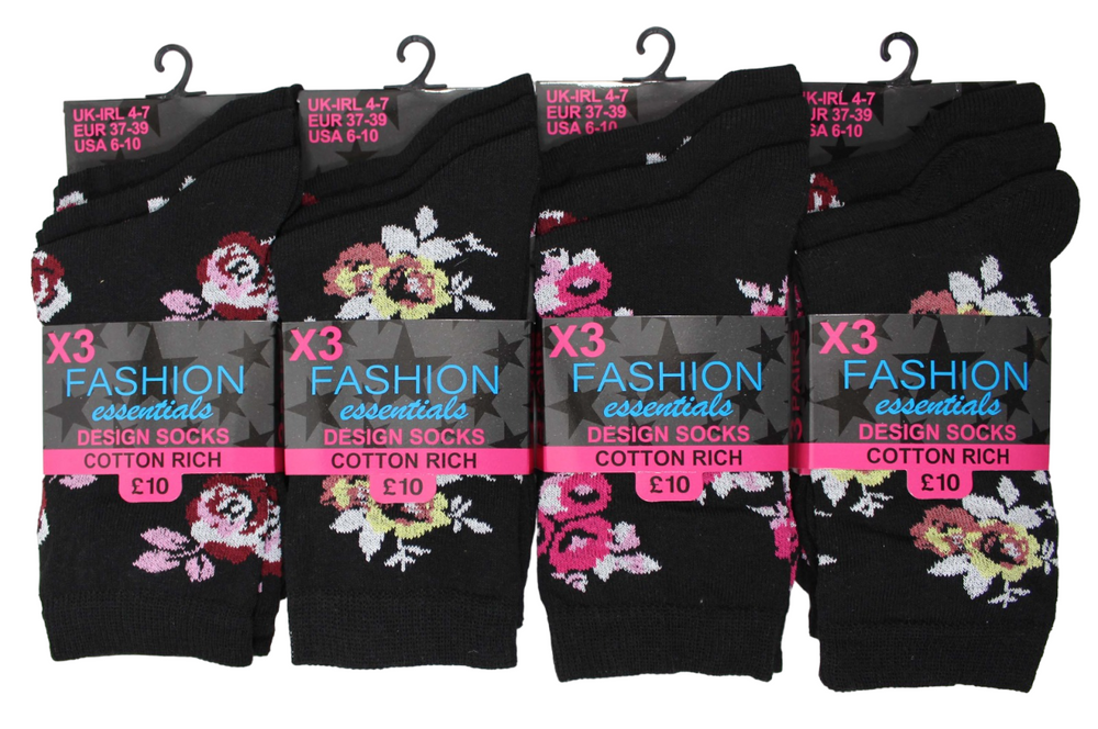 Ladies Women Full Flower Design Pattern Socks (3 Pair)