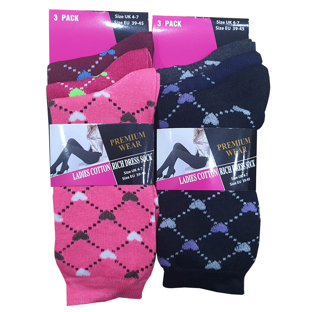 Ladies Heart Design Value Socks (3 Pairs)