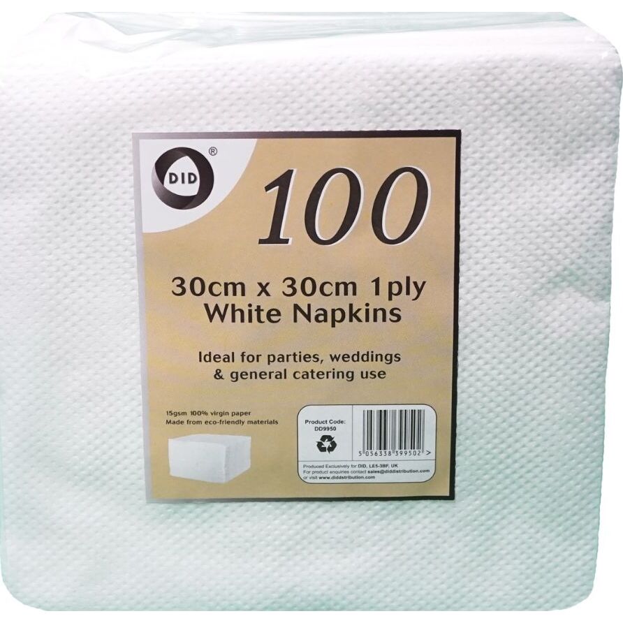 100pc 30cm x 30cm 1ply White Napkins Tissue
