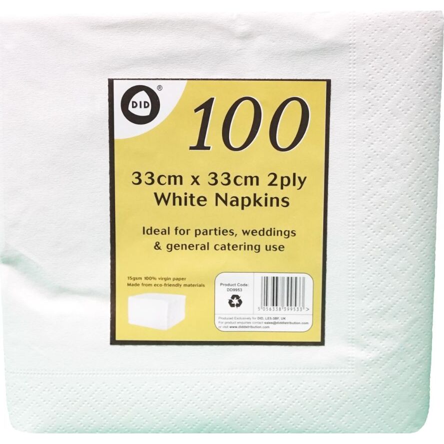 100pc 33cm x 33cm 2ply White Napkins Tissue