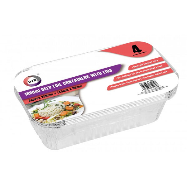 Buy wholesale 4pc 1650ml deep foil containers with lids (approx 250mm x 145mm x 65mm) Supplier UK