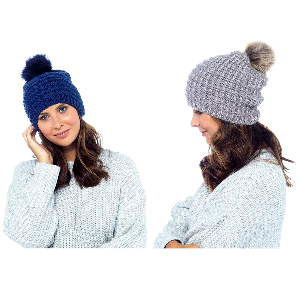 Ladies Beanie Hat with Fur Pom Pom