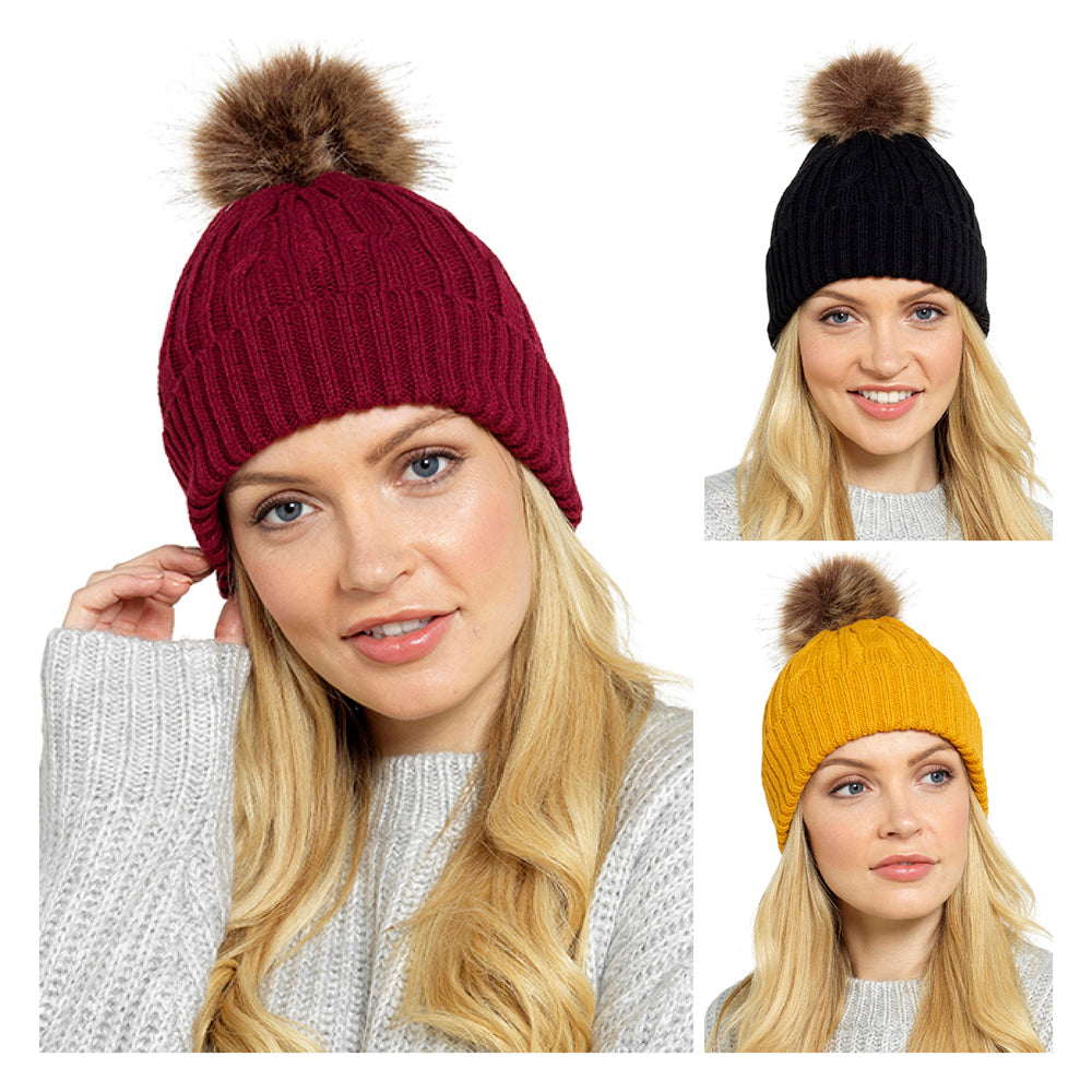 Ladies Chunky Hat with Fur Bobble