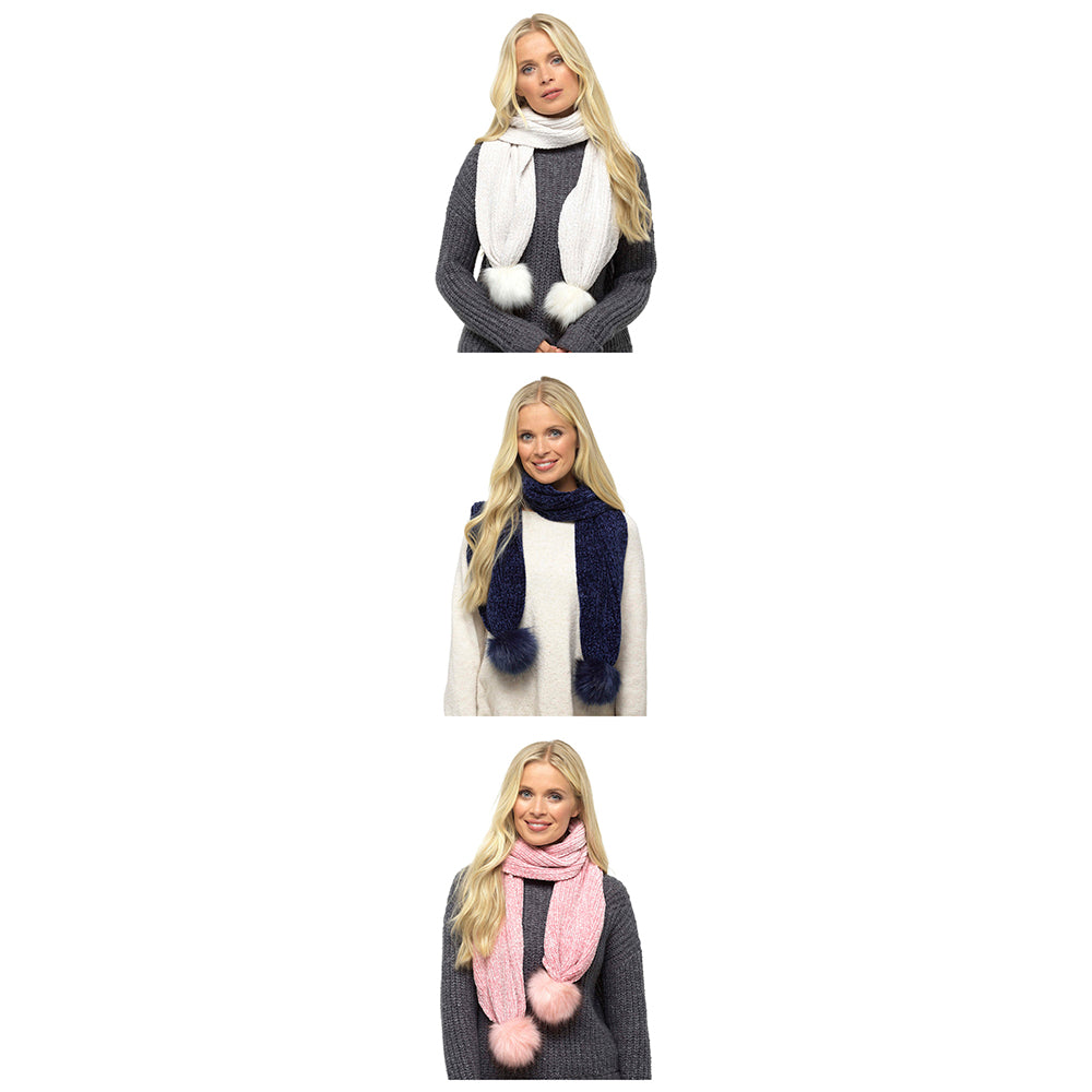 Ladies Chenille Scarf with Fur Bobble