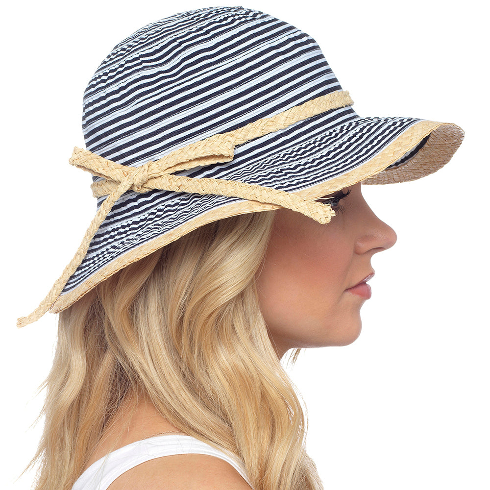 Ladies Summer Striped Hat with Straw Bow Detail