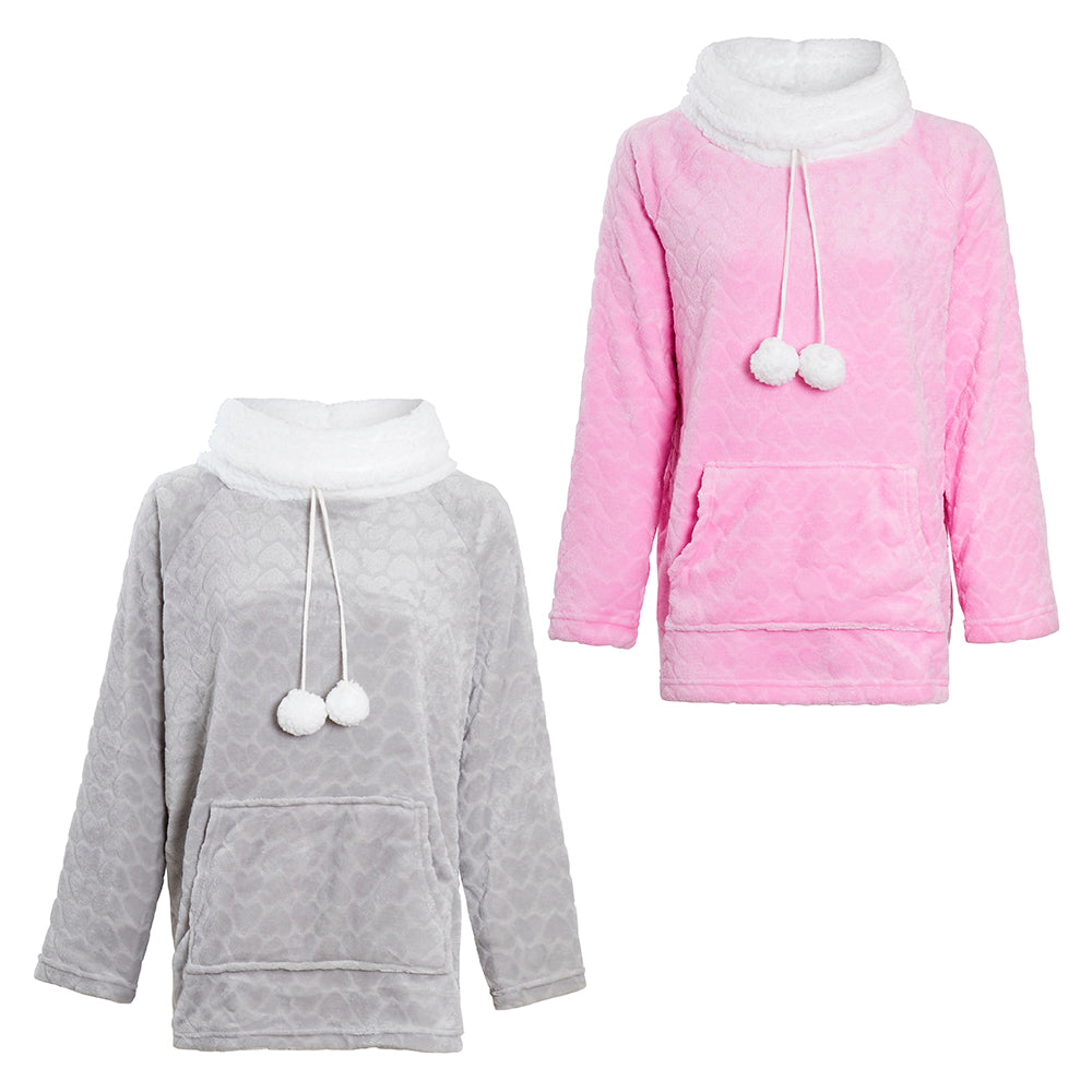 Ladies Soft Touch Fleece Cowl Neck Jumper with Pom Pom Detail