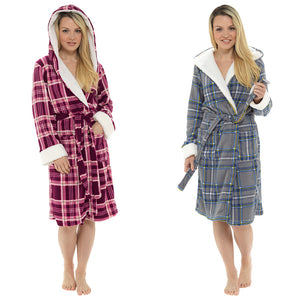 Ladies Check Print Hooded Fleece Robe with Sherpa Trim