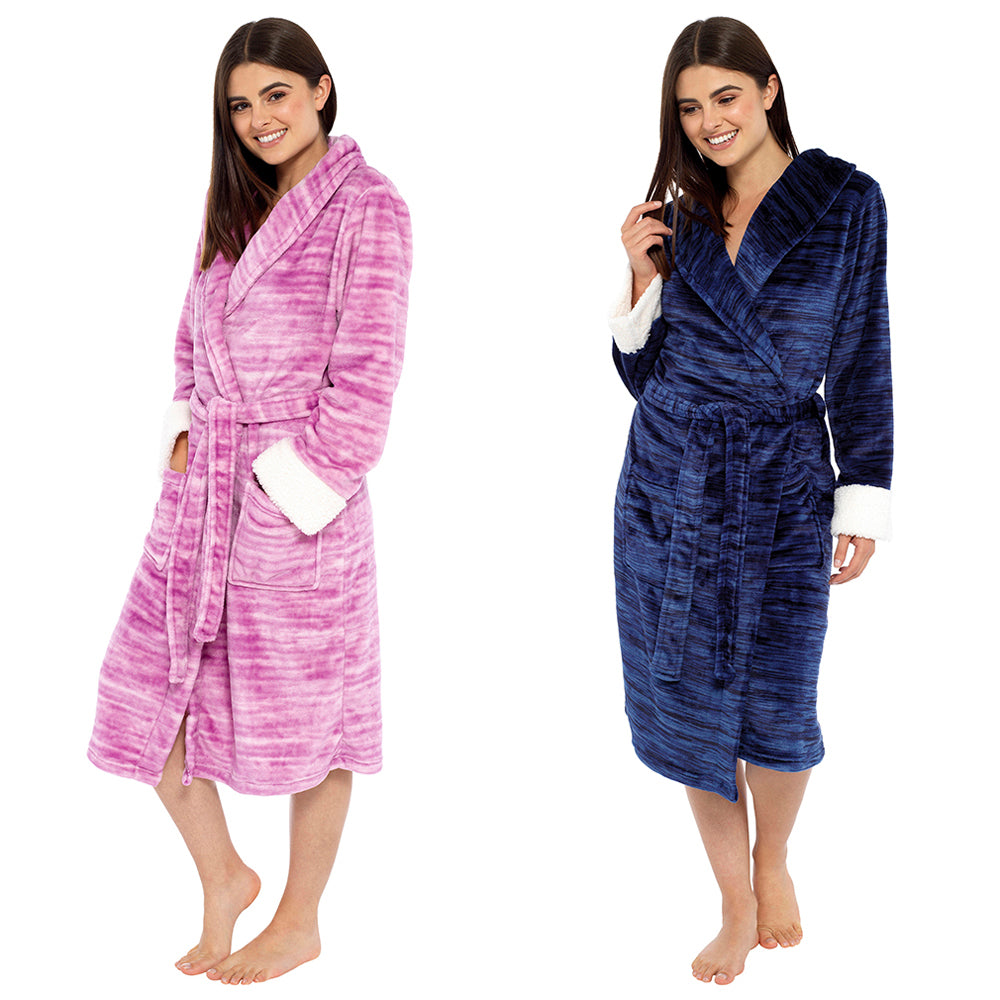 Ladies Marl Effect Fleece Robe with Sherpa Cuff Detail