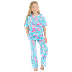Girls Cotton Aquamarine Print Jersey Pyjama Set