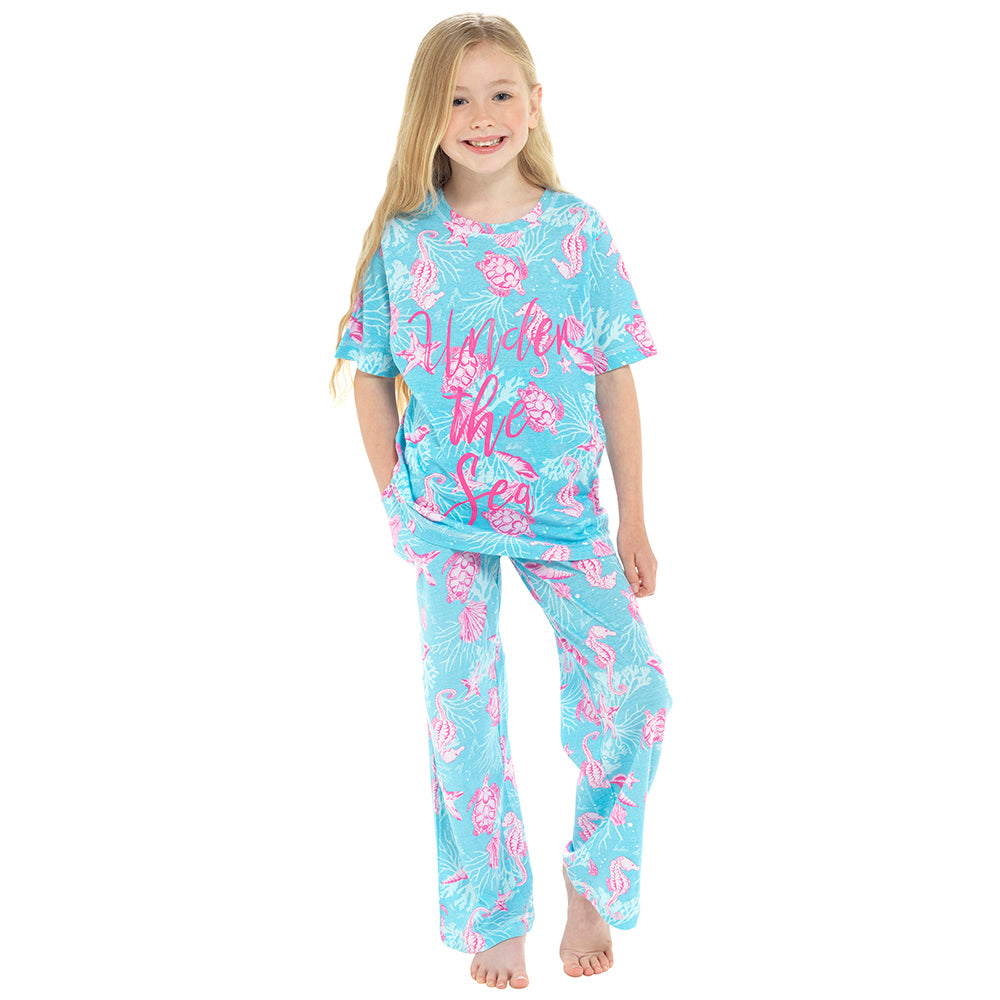 Girls Cotton Aquamarine Print Jersey Pyjama Set