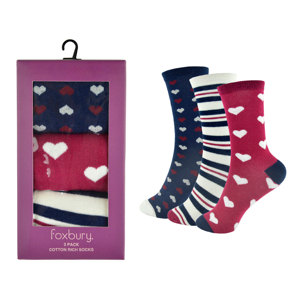 Ladies Cotton Rich Design Socks Boxed (3 Pack)