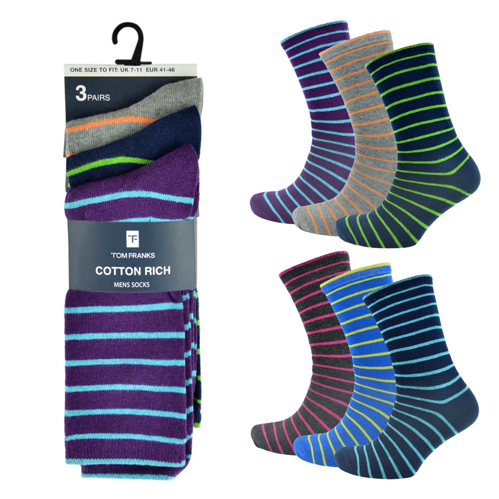 Mens Cotton Rich Striped Design Socks (3 Pack)