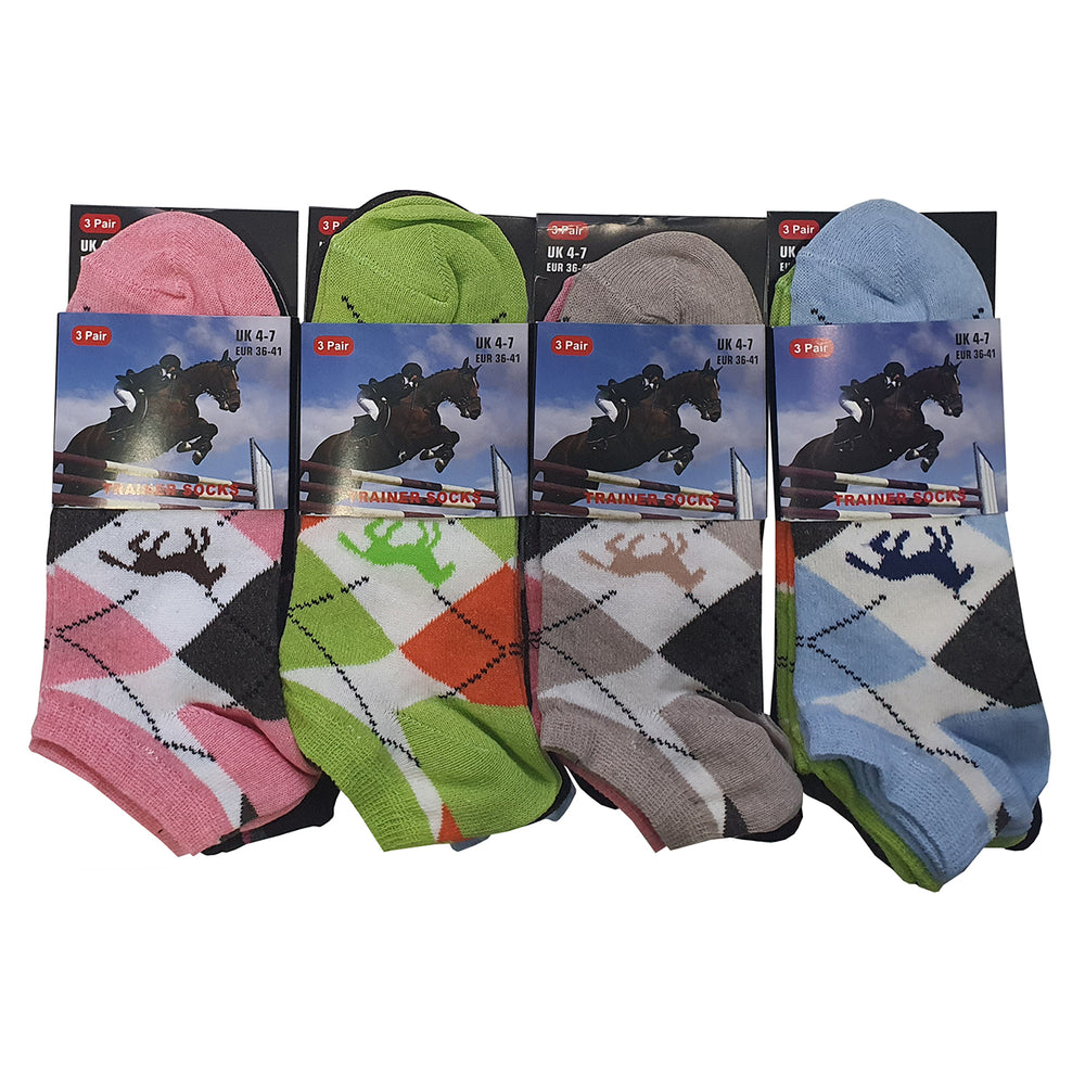 Ladies Equestrian Horse Argyle Design Trainer Socks (3 Pack)