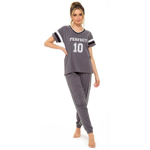 Ladies Jersey Marl ''Perfect 10'' Pyjama Set With Side Stripe Detail