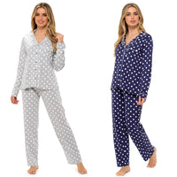 Ladies Jersey Button Through Pyjama Set In All Over Polka Dot Print