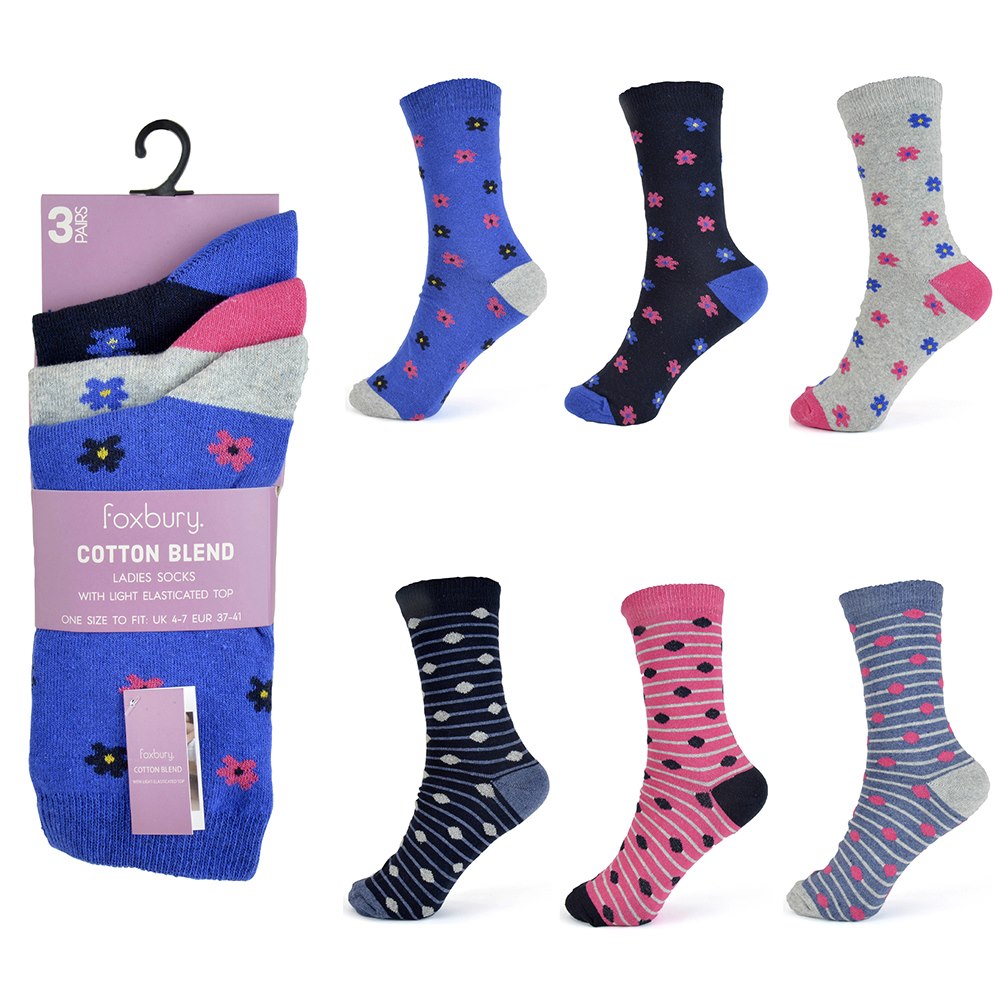 Ladies 3 Pack Light Elasticated Top Design Socks