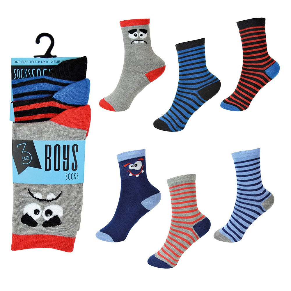 Boys 3 Pack Design Socks - Stripes & Face Designs